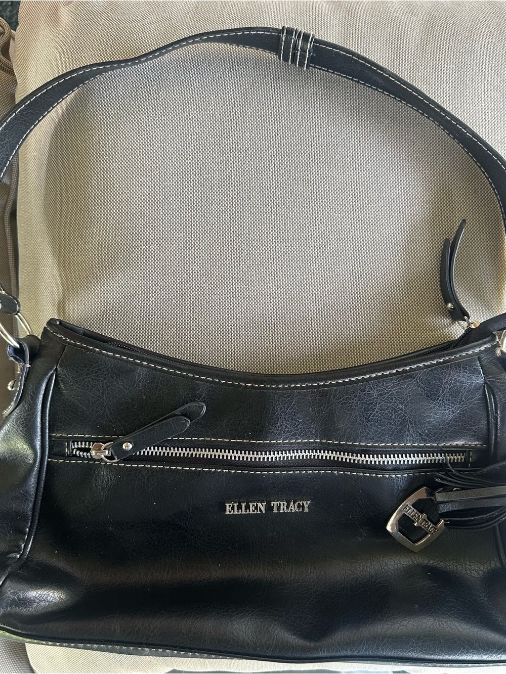 Ellen Tracy Black Leatherette Shoulder Bag with Silver Hardware